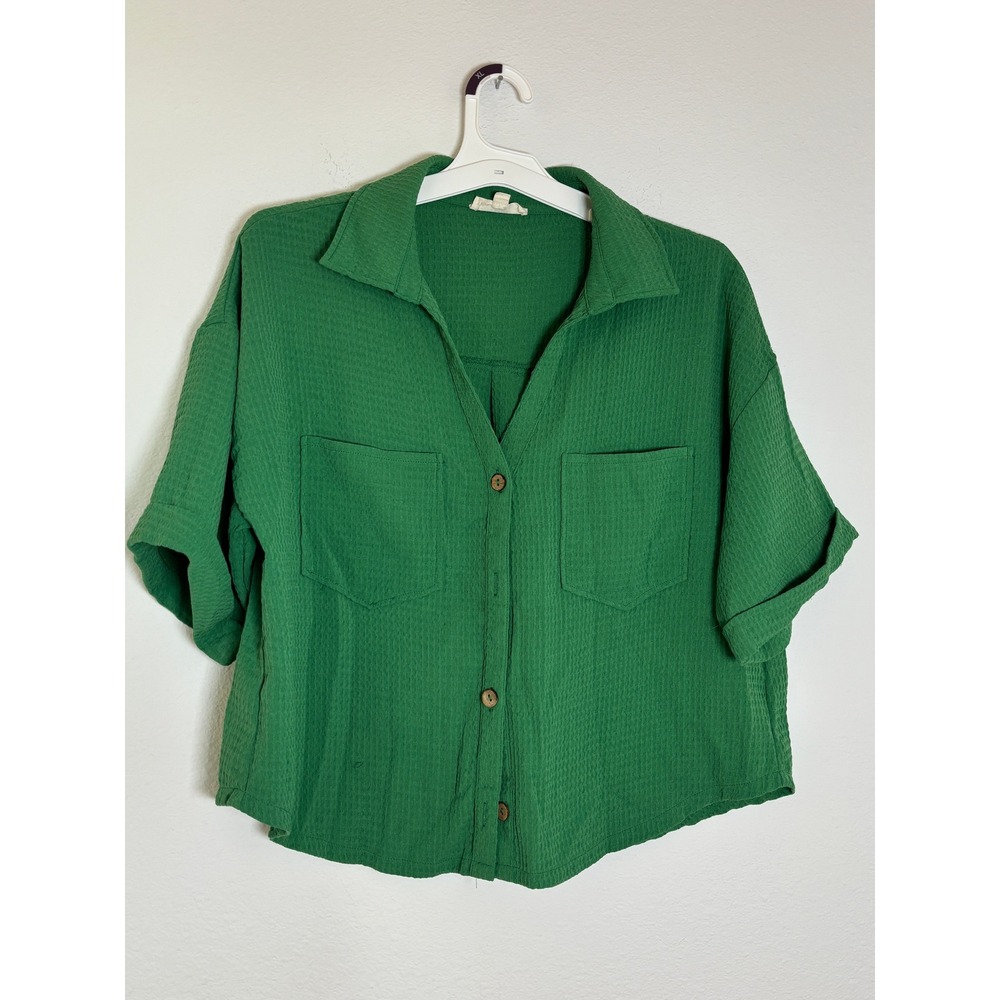 Entro Green Waffle Knit Button Down Shirt Short Sleeve Cropped Boxy Medium